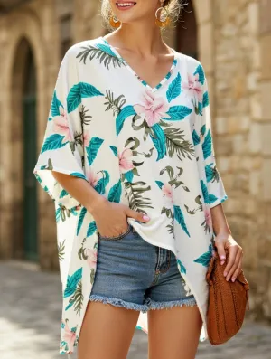 V Neck Printed Bat Sleeve Top with Loose Baggy Fit Reinforced Hems