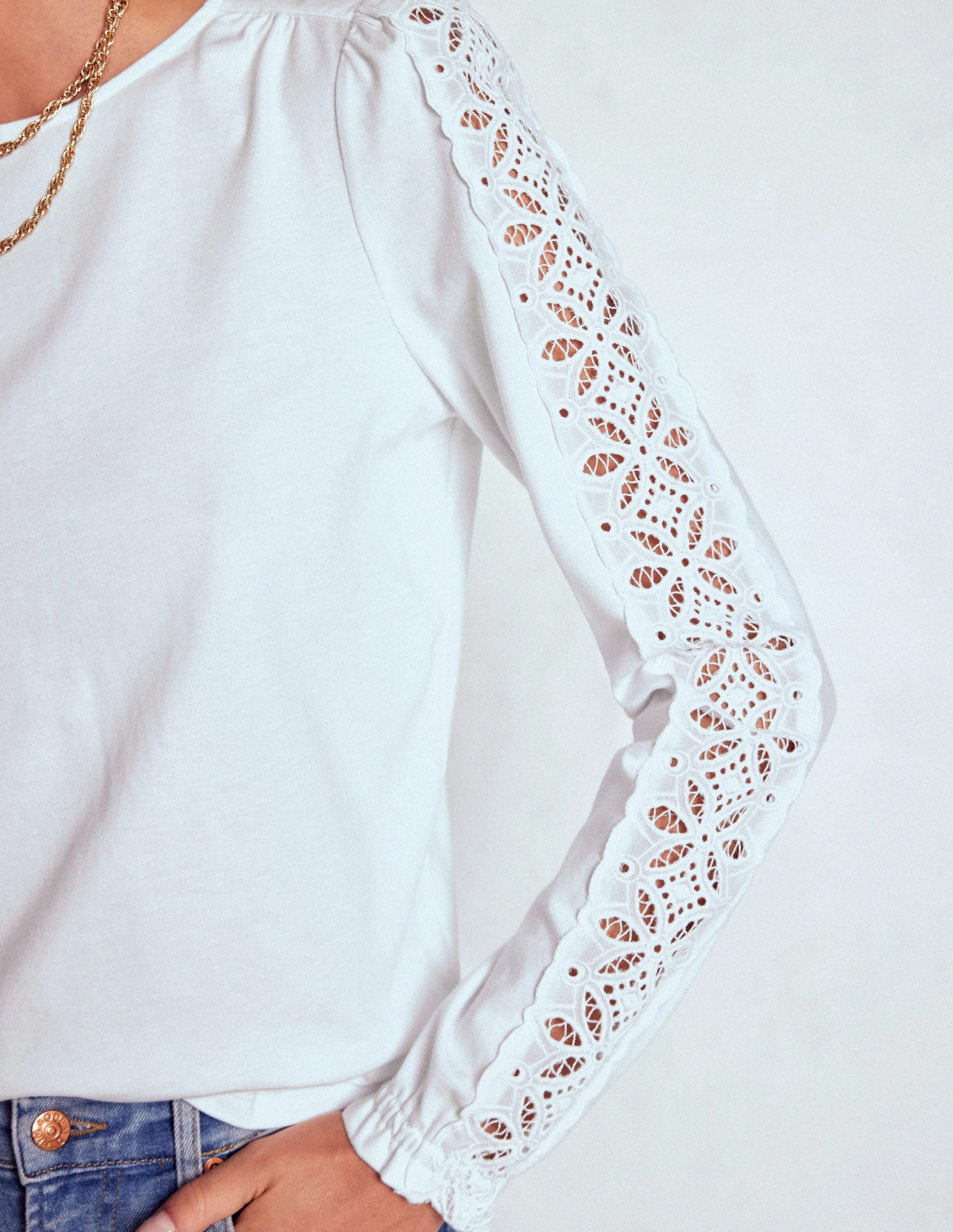 Cozy Sweater Scarlett Broderie Trim Top-White