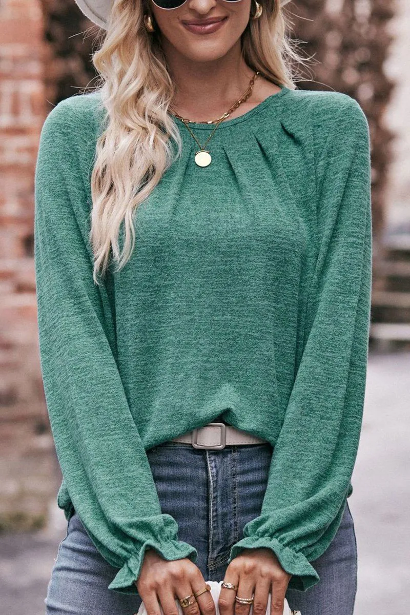 WOMEN OVERSIZED LOOSE FIT SHIRRED PULLOVER TOP Minimalist Collar