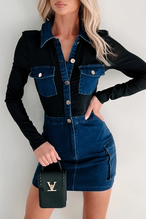 Tailored To Perfection Mesh Denim Mini Dress (Denim Blue) Subtle Flow
