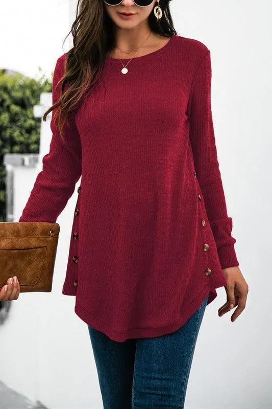 SOLID COLOR SIDE BUCKLE KNITTED LONG SLEEVE TOP Friction Resistant Finish
