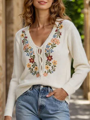 Vintage hand-embroidered flower knitted sweater RollUpCuff
