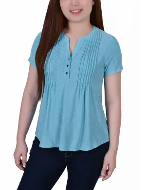Moisture Control Technology Petite Short Sleeve Y Neck Jacquard Knit Top