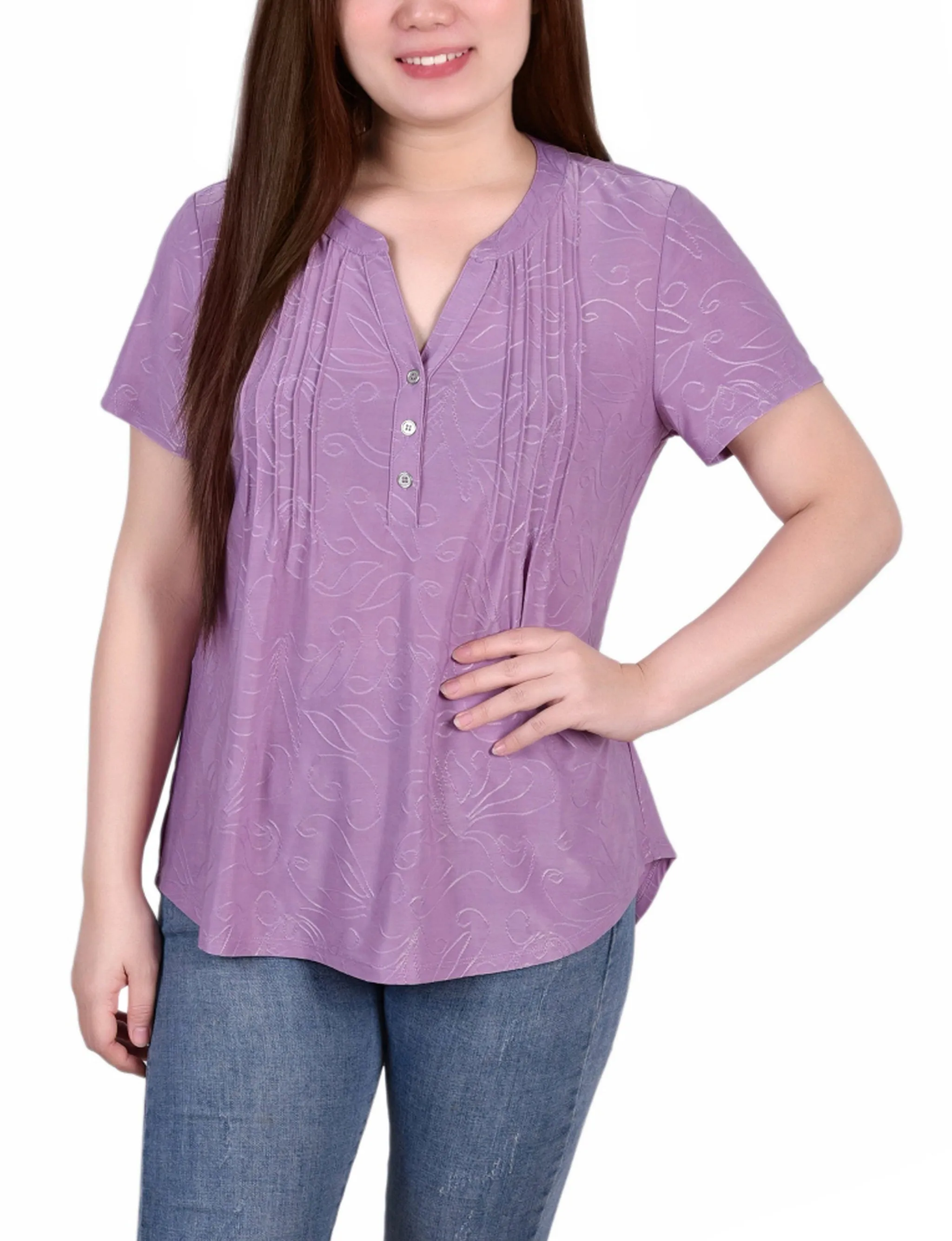RelaxedFit Winter Wardrobe Petite Short Sleeve Y Neck Jacquard Knit Top
