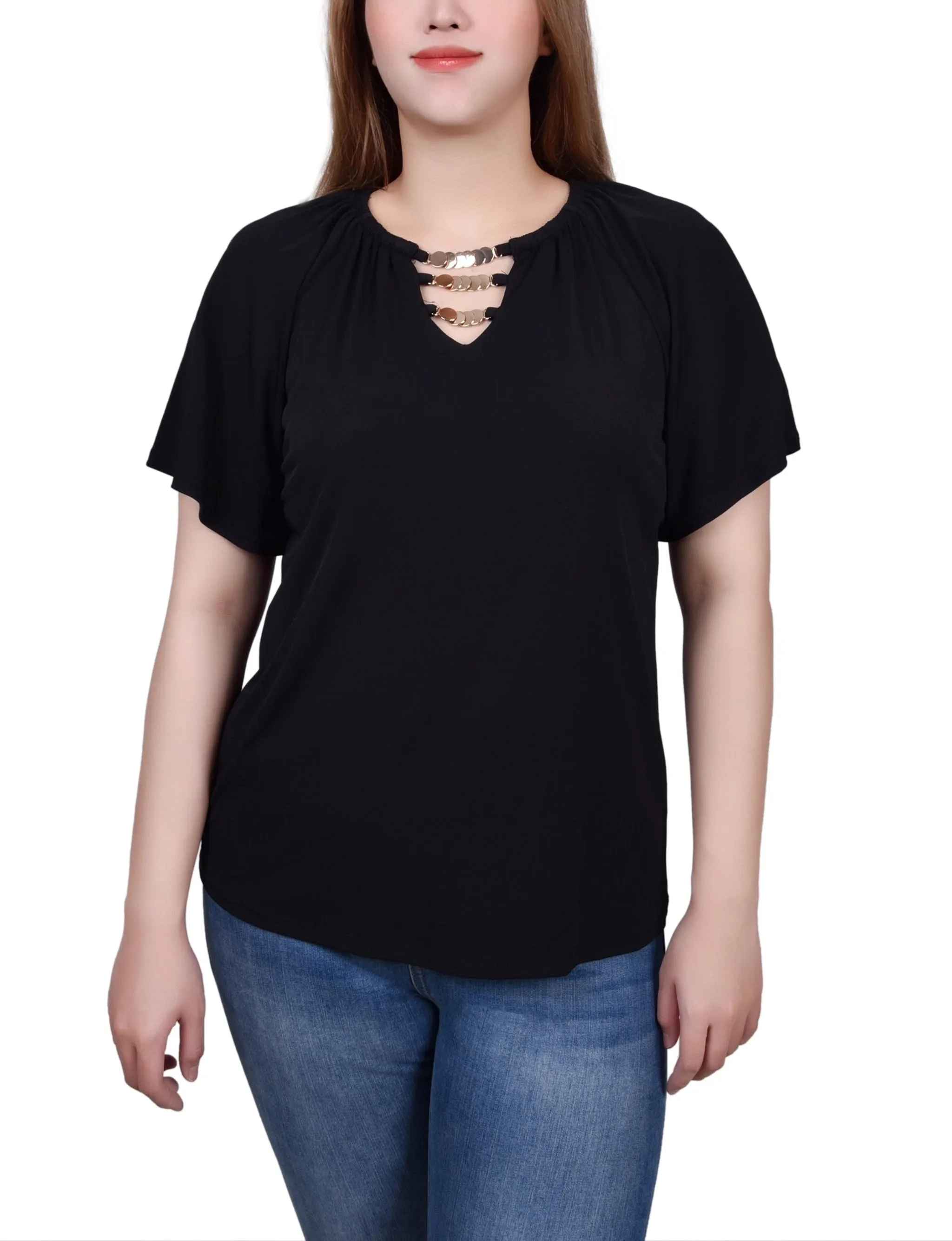 MoistureWicking Technology NonIrritatingSeams Raglan Sleeve Top With Chain Details