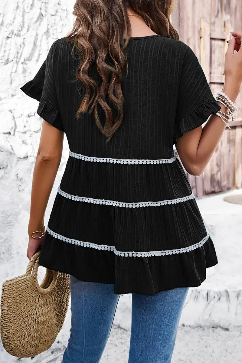 CASUAL LOOSE WAVE STRIP SHORT SLEEVED TOP_CWTSTS0322 Durable Reinforced Elbows Bamboo Derived Material