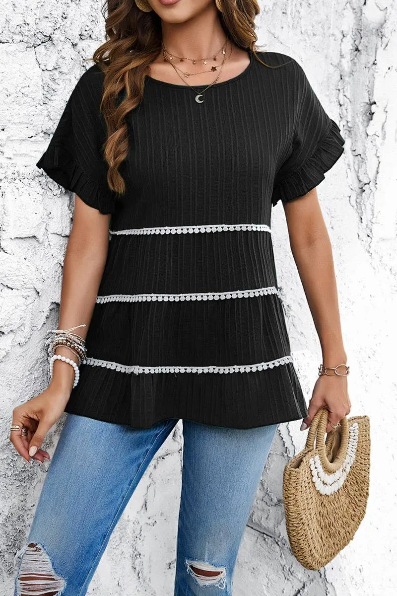 ZipperedPockets CASUAL LOOSE WAVE STRIP SHORT SLEEVED TOP_CWTSTS0322