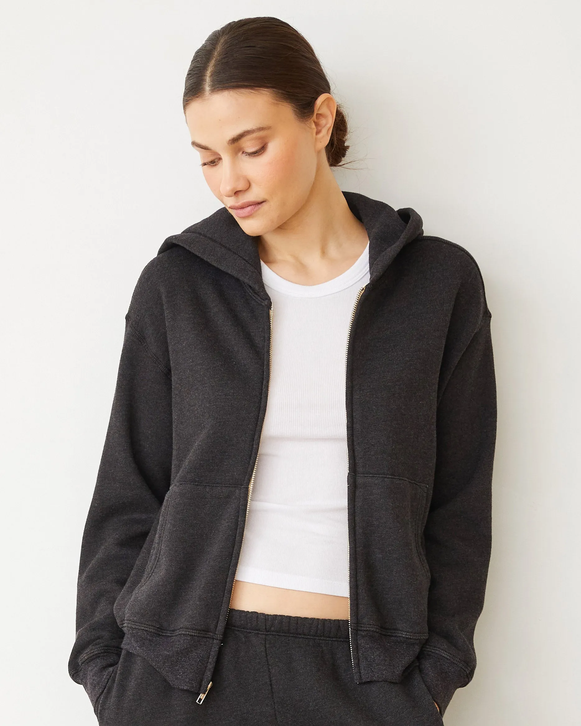 Solid-color Teddy Fleece Relaxed Zip Up Hoody