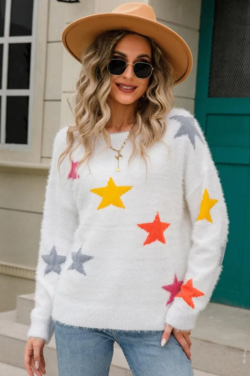 WOMENS COLORED STAR PATTERN SWEATER TOP Stretchable Neckline