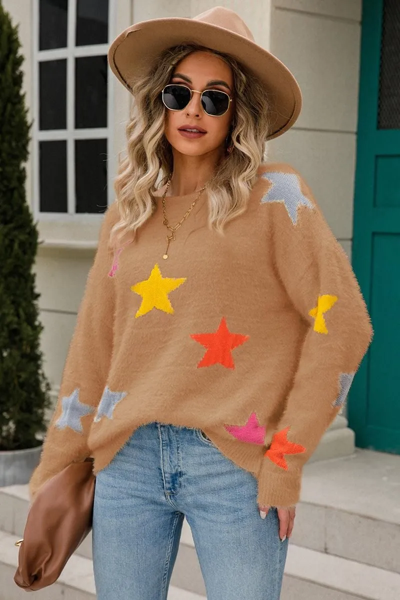 WOMENS COLORED STAR PATTERN SWEATER TOP Fashionable Fit Light Fabric