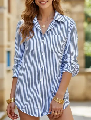 Odor Resistant Striped lapel long-sleeved cardigan shirt