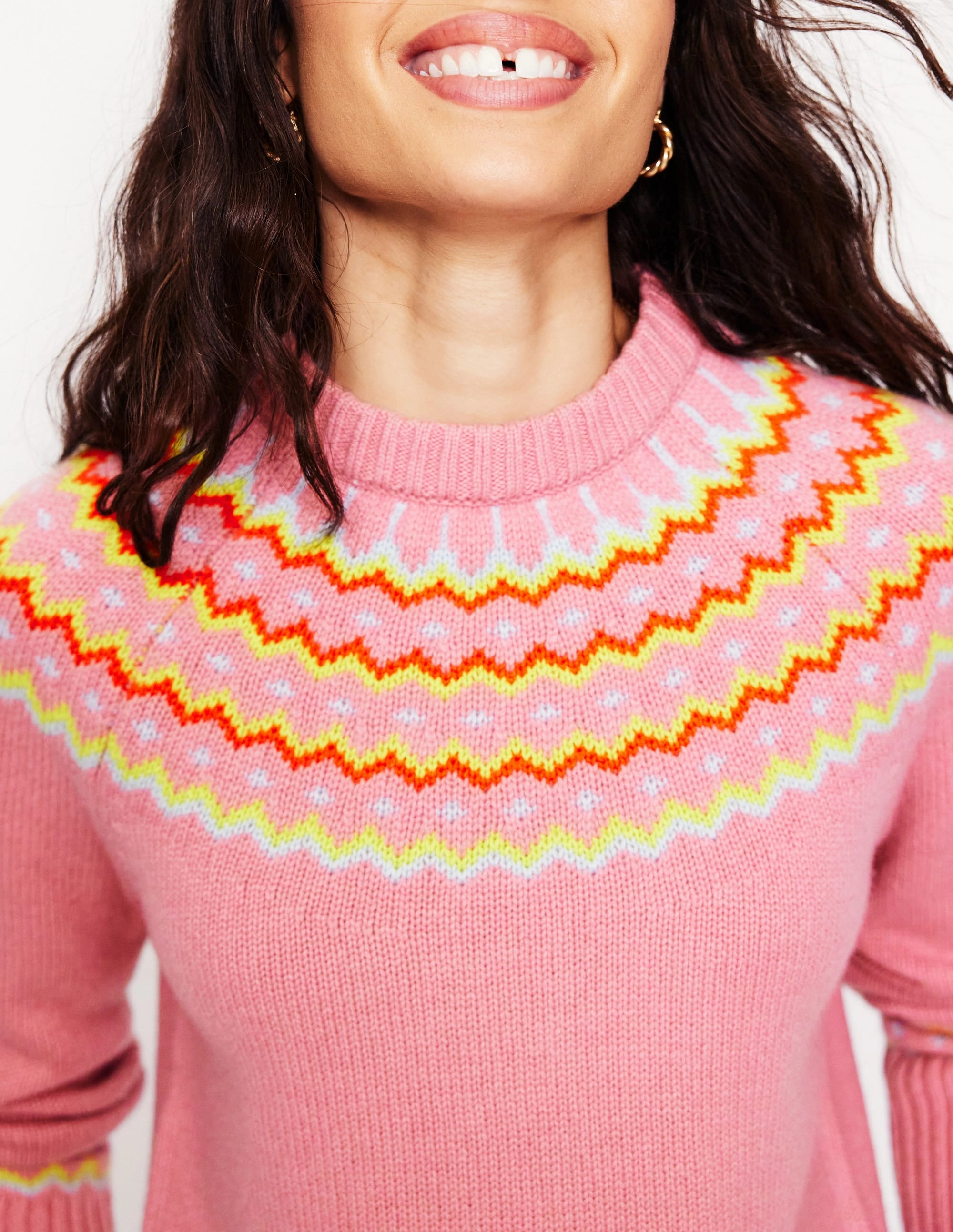 Double Layered Cuffs Cashmere Fair Isle Jumper-Formica Pink