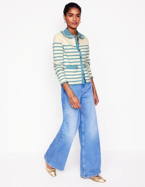 Jessie Frill Collared Cardigan-Ivory, Duck Egg Blue Stripe AntiPilling Treatment Chic Look