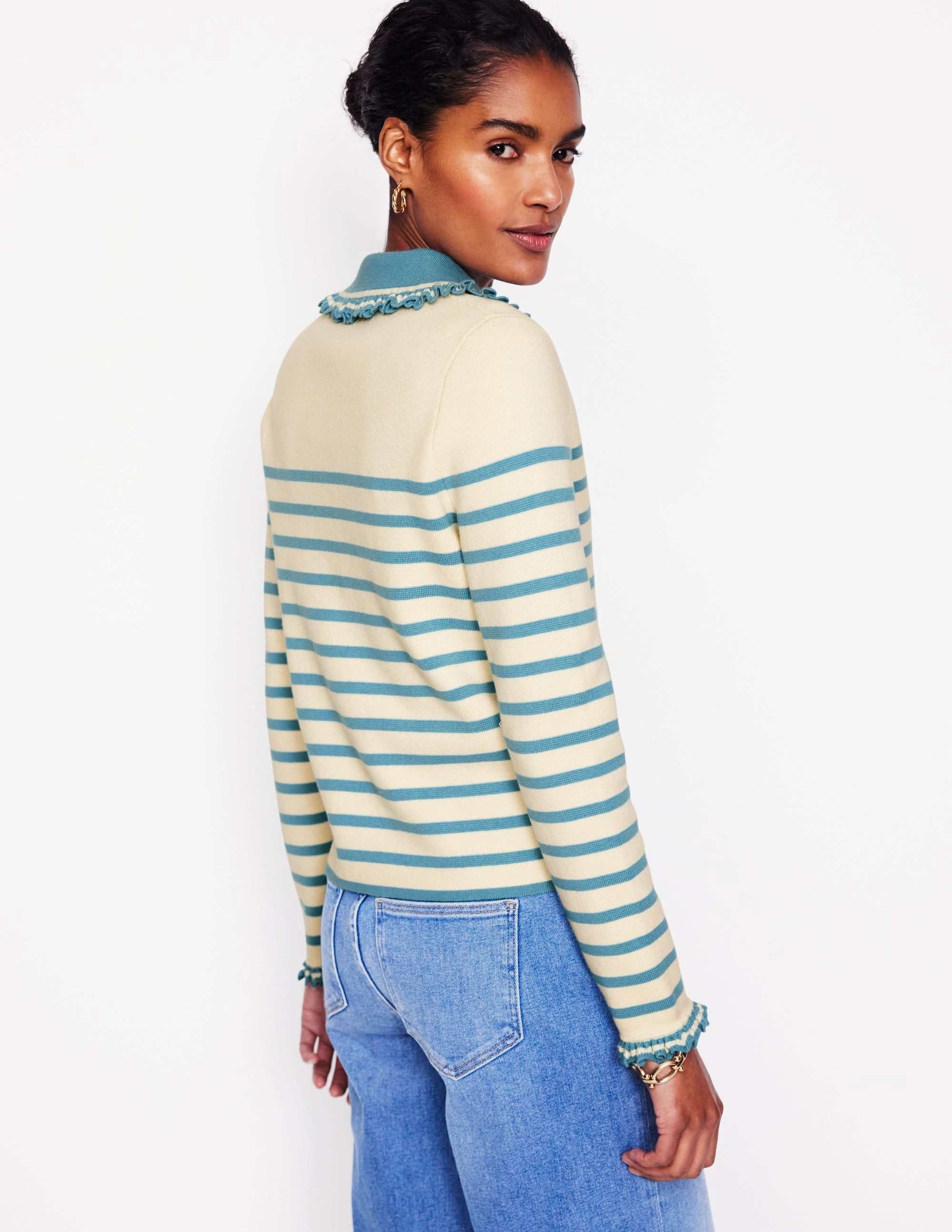 Jessie Frill Collared Cardigan-Ivory, Duck Egg Blue Stripe Stretch Knit Backing