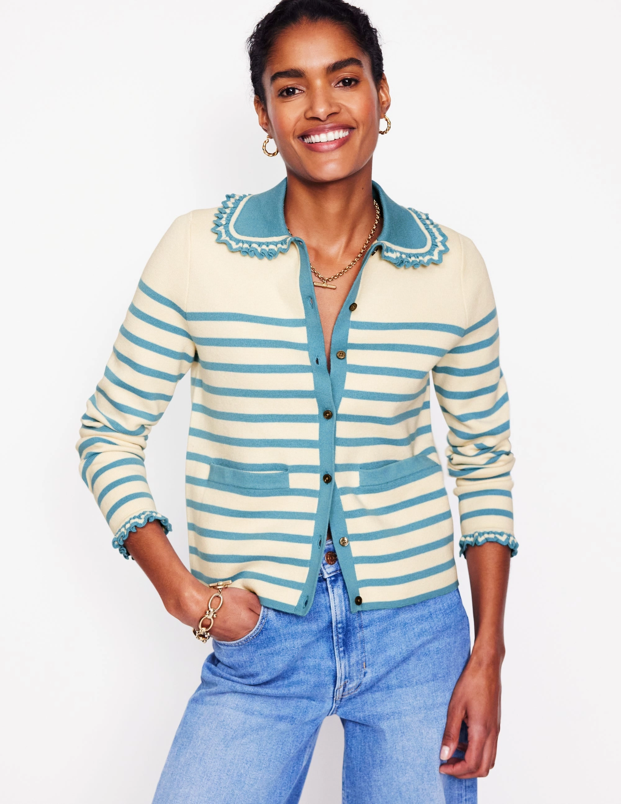 Jessie Frill Collared Cardigan-Ivory, Duck Egg Blue Stripe Fresh Comforted Compact Weave