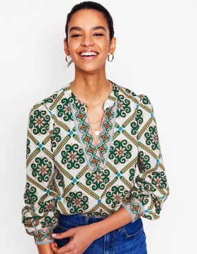 Tagless Collar UPF Protective Fabric Cotton Notch Neck Top-Ivory, Baroque Tile