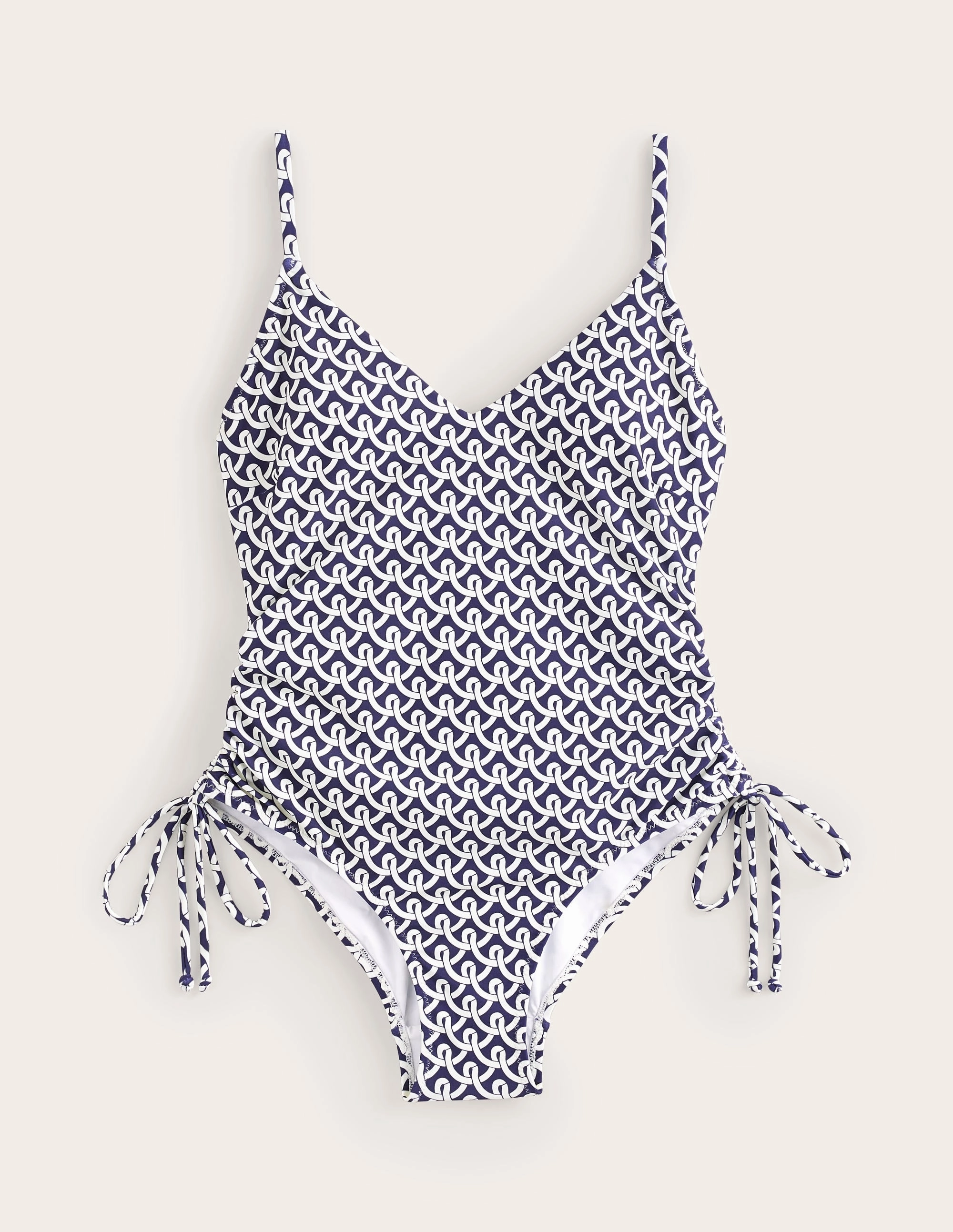Holiday Essentials Low Drag Surface Texture String Gather Swimsuit-Navy, Geo Terrace