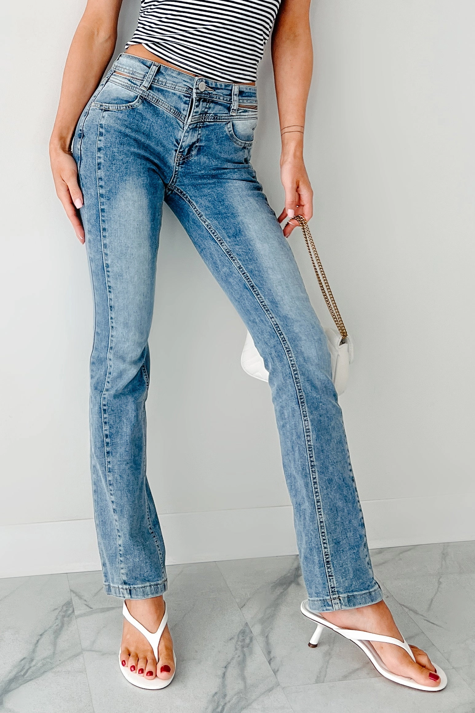 NeutralPalette BondedSeams Crawford Almost Famous Cut-Out Waist Bootcut Jeans (Medium)
