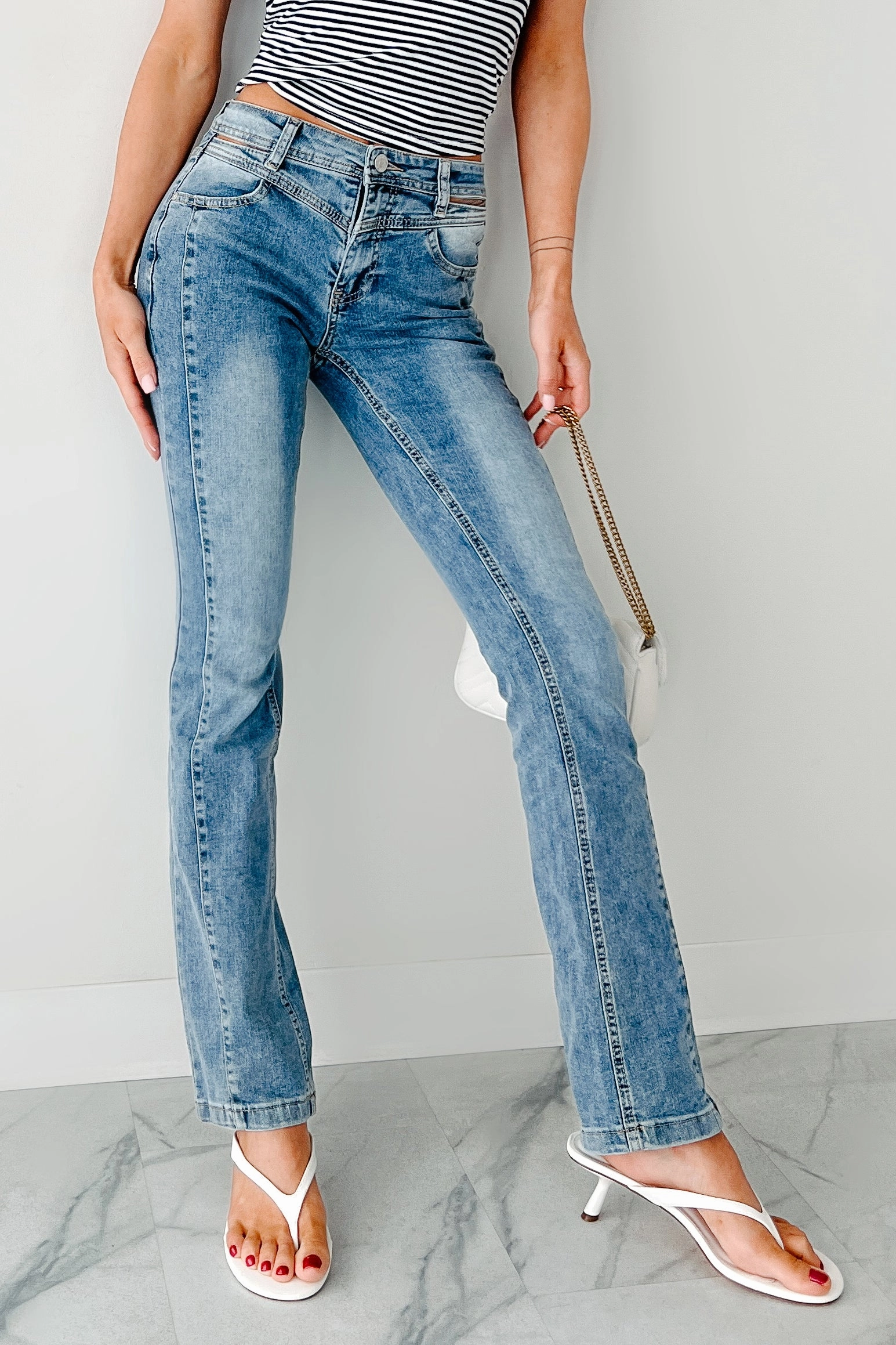 Crawford Almost Famous Cut-Out Waist Bootcut Jeans (Medium) Stretch Blouse CrossBackDesign