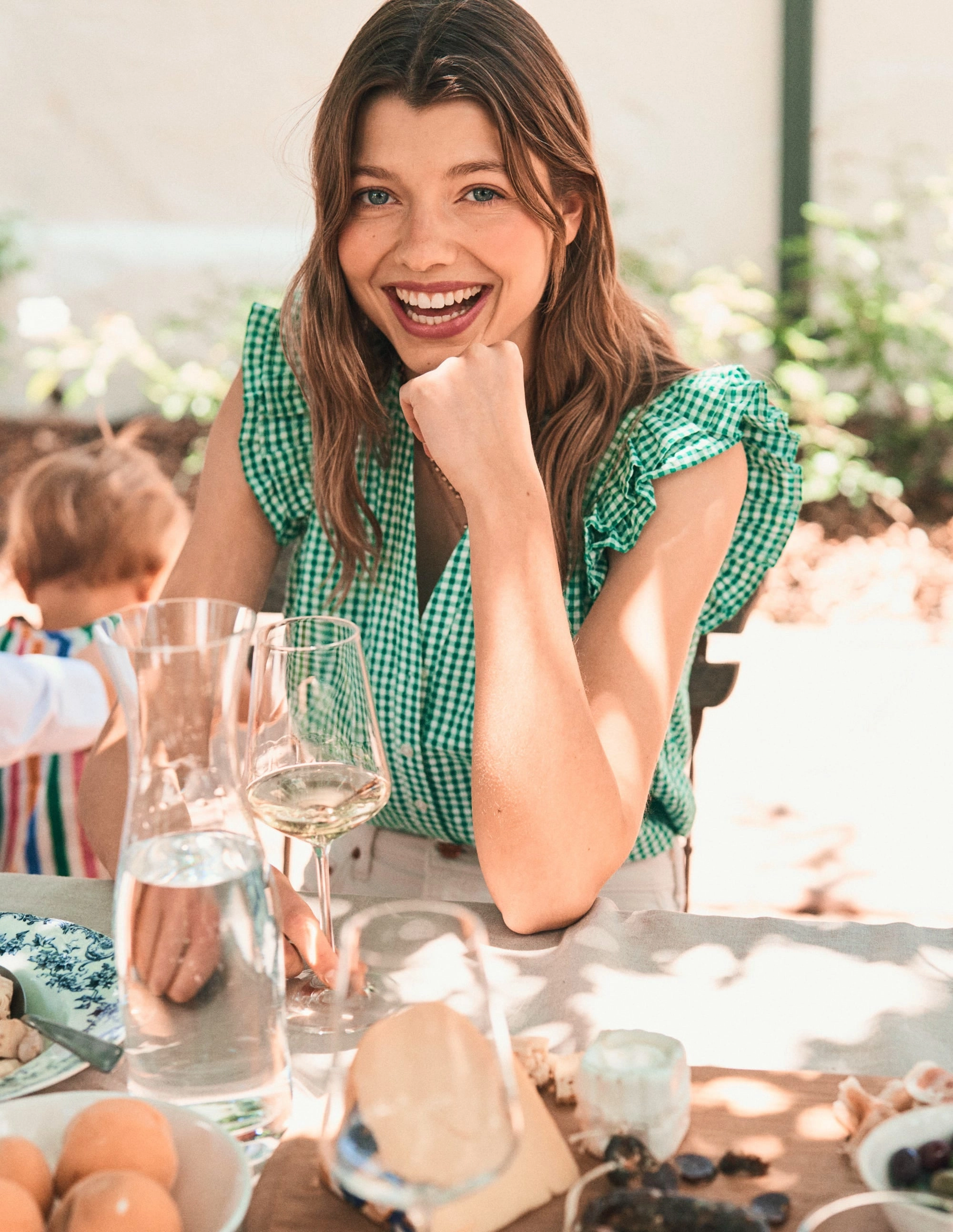 Biodegradable material Frill Sleeve Seersucker Top-Rich Emerald Micro Gingham