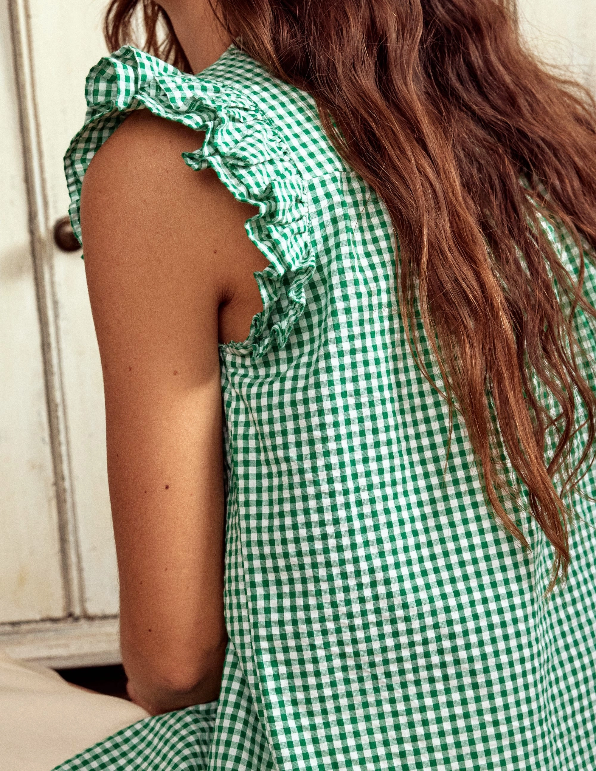 Frill Sleeve Seersucker Top-Rich Emerald Micro Gingham Sporty Tee ColorfastMaterial