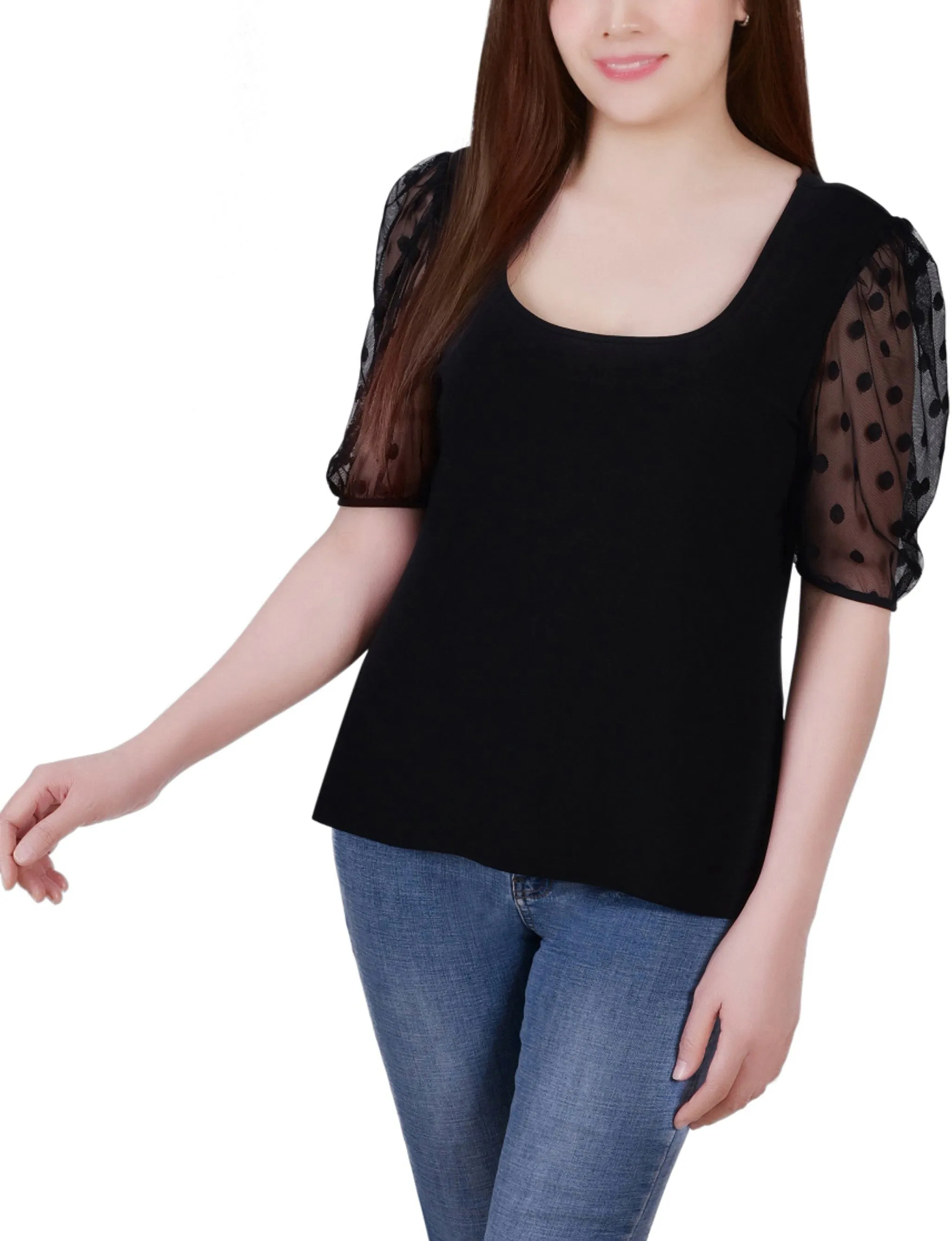 EcoCertified Elbow Sleeve Crepe Top With Mesh Dotted Sleeves
