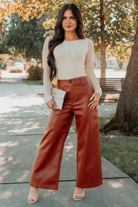 More Than Usual Wide-Leg Faux Leather Pant (Camel) SoftLining Ultimate Comfort