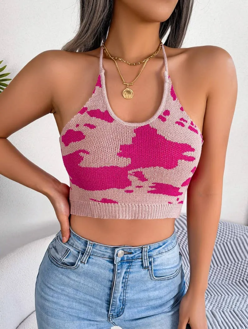 COW PRINT WAIST HALTER CROP KNIT TOP_CWTHT0028 LayeredStyling