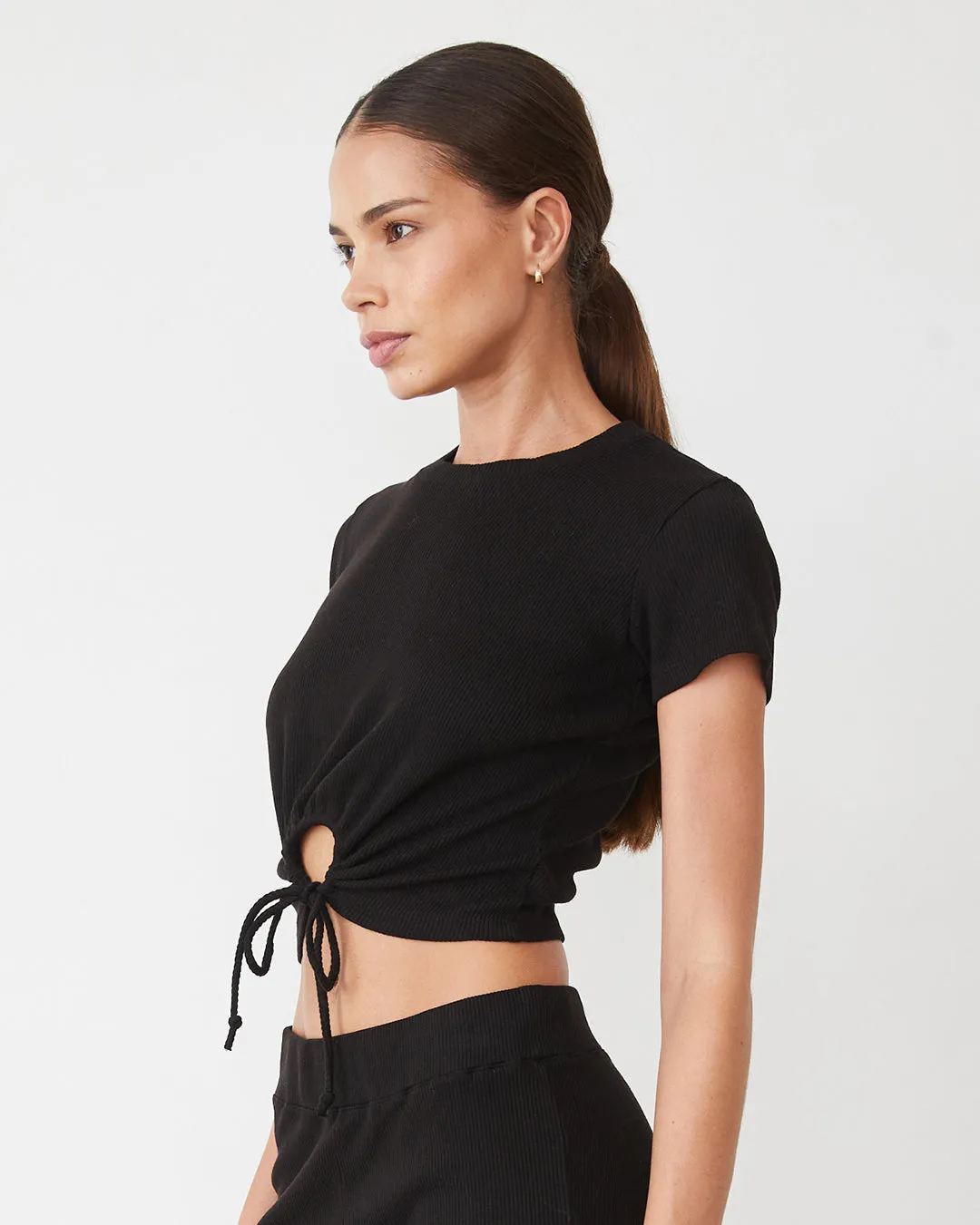 Double Stitched Hem LongSleeve Tencel Rib Tie Top