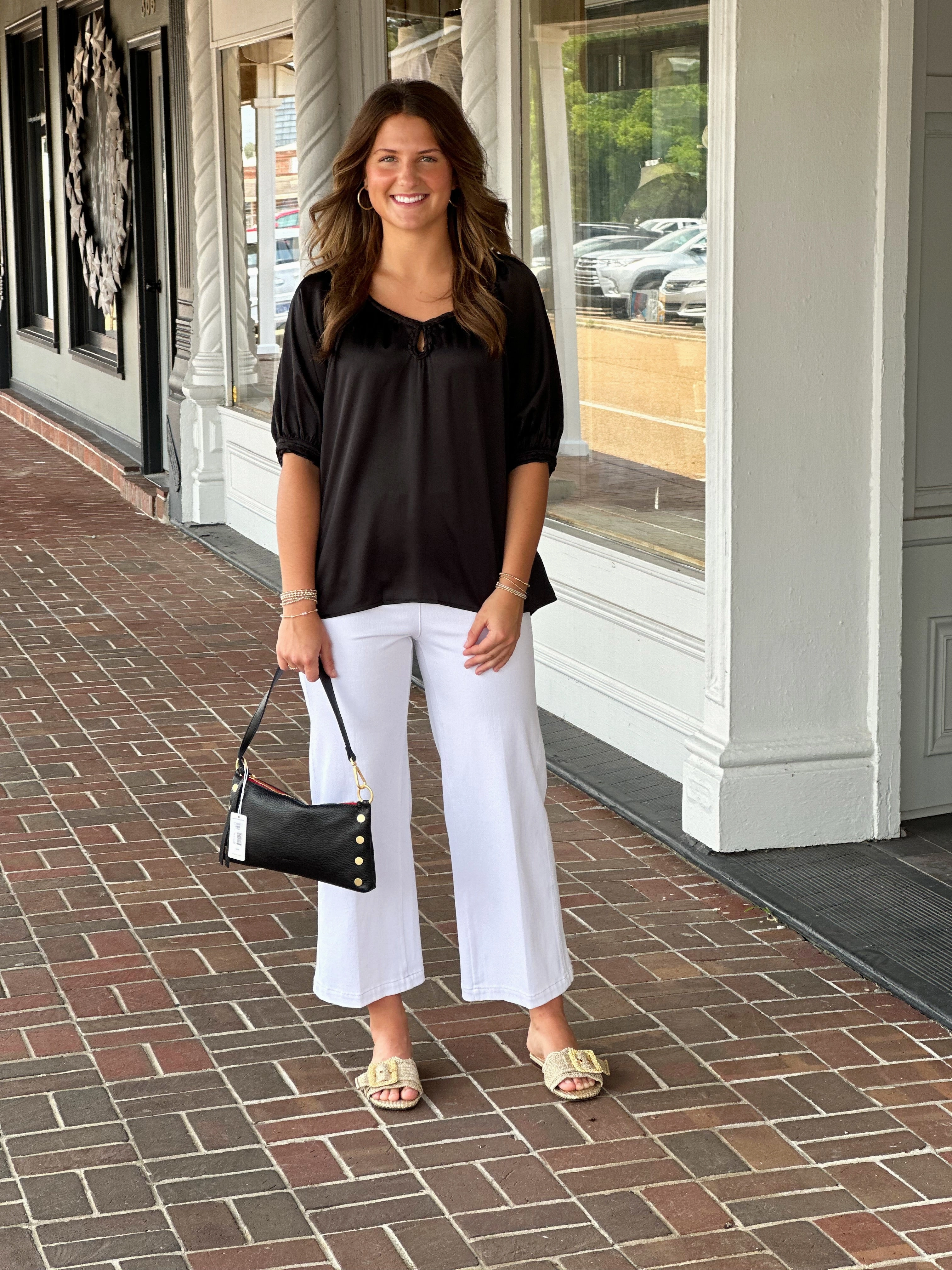 On The Move Black Top Simple Dress Classic Crew Neck