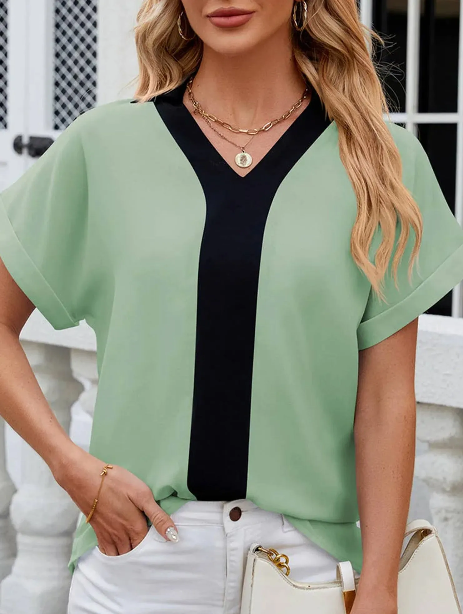CONTASTING COLOR COLLARED CHIFFON BLOUSE_CWTBLS0516 ThermalLining