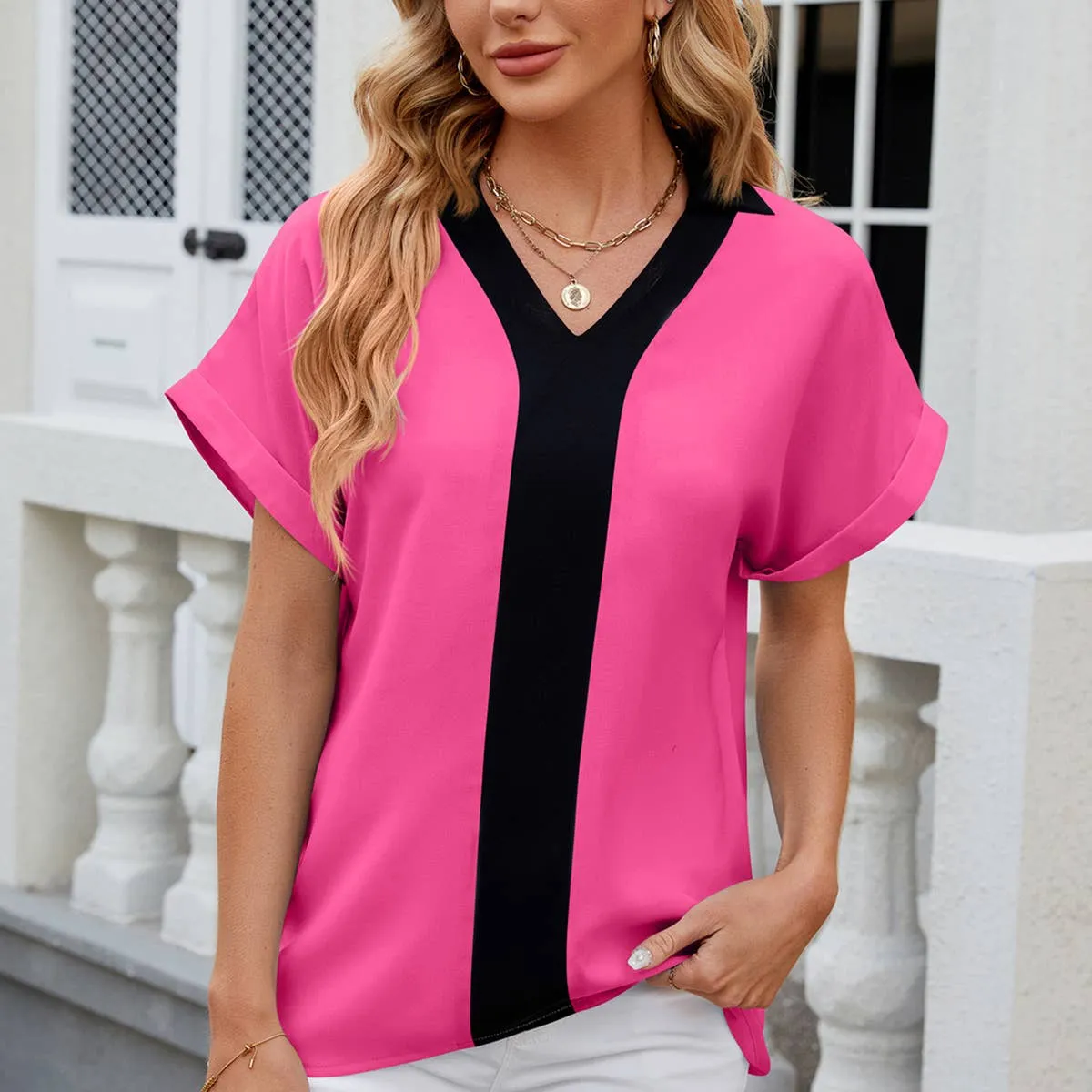 Flatlock Seam Design CONTASTING COLOR COLLARED CHIFFON BLOUSE_CWTBLS0516