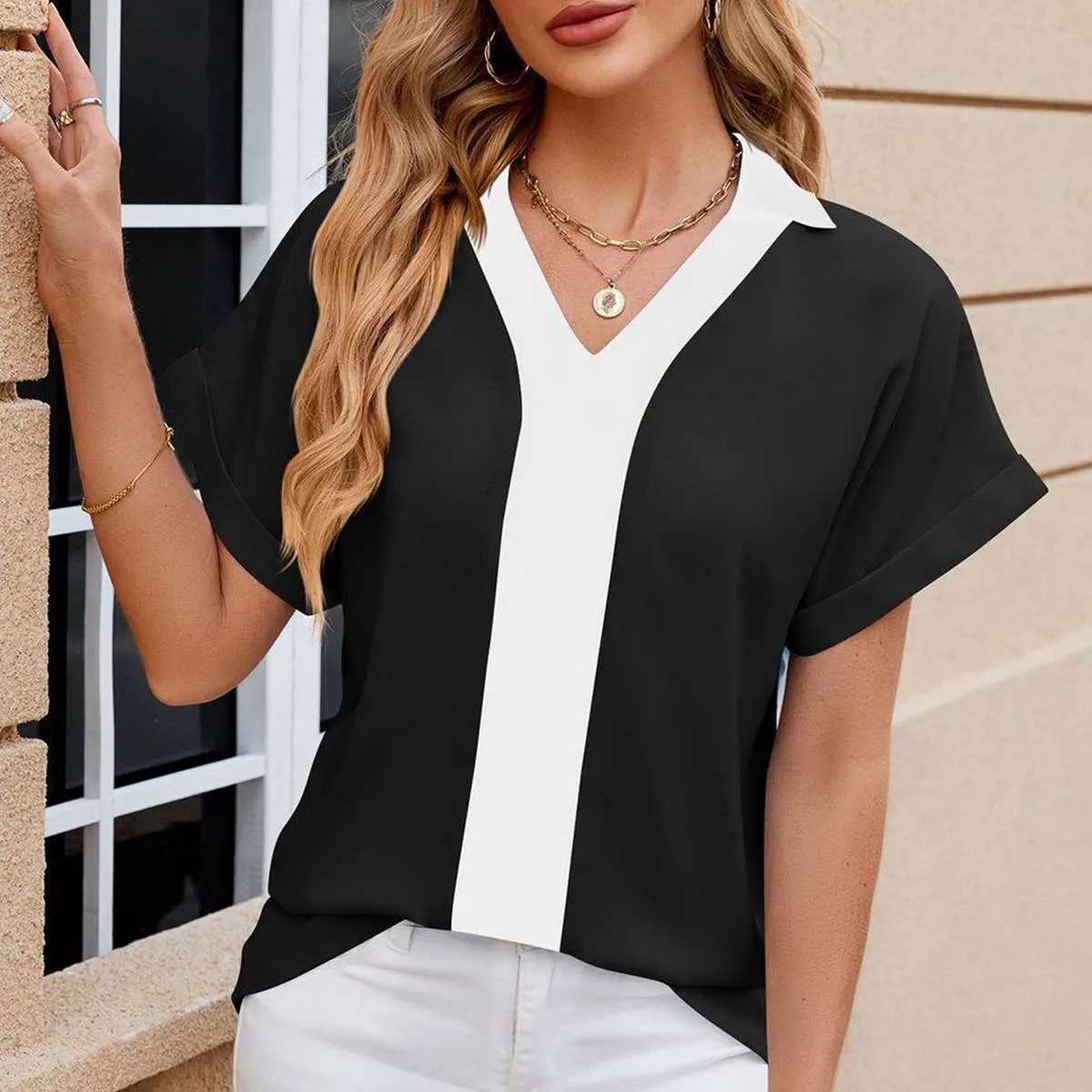 CONTASTING COLOR COLLARED CHIFFON BLOUSE_CWTBLS0516 Eco Friendly Dye Process CushionedSupport