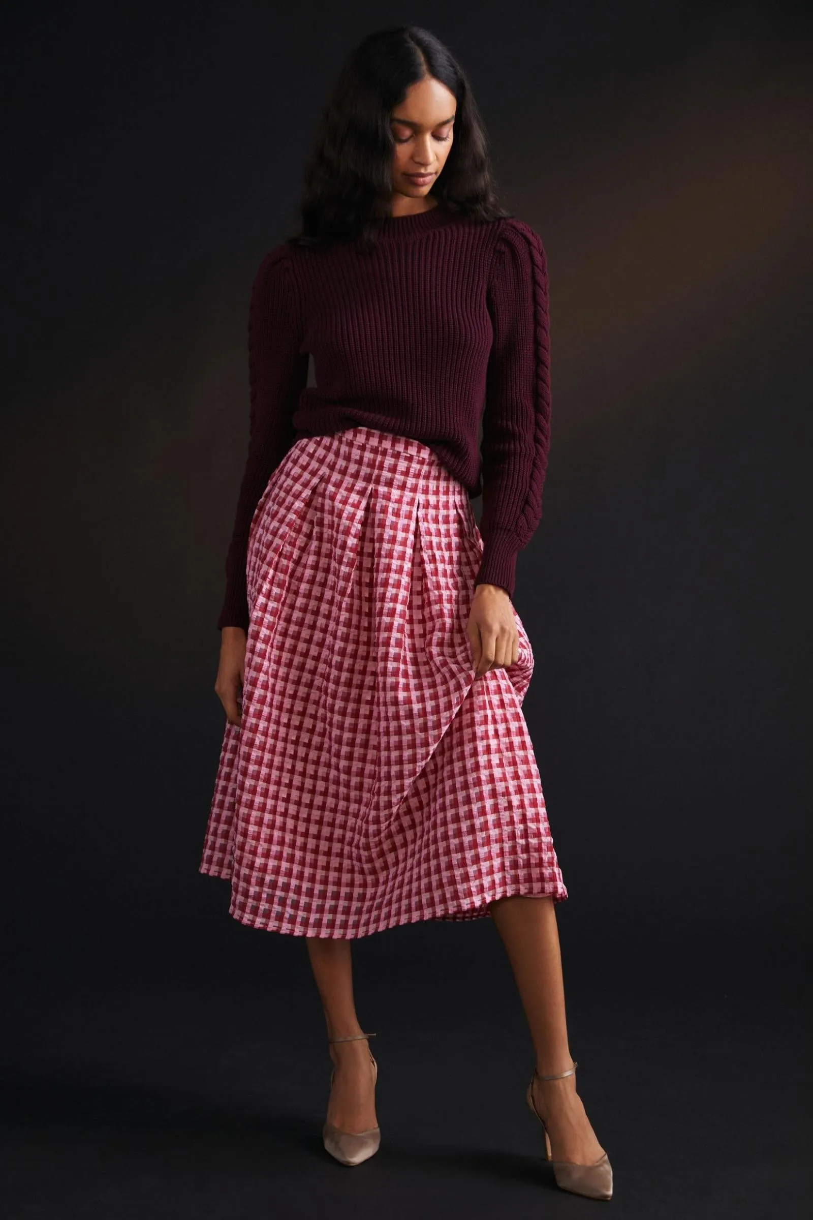 High low hem Classic Appeal Textured Plaid Midi Skirt