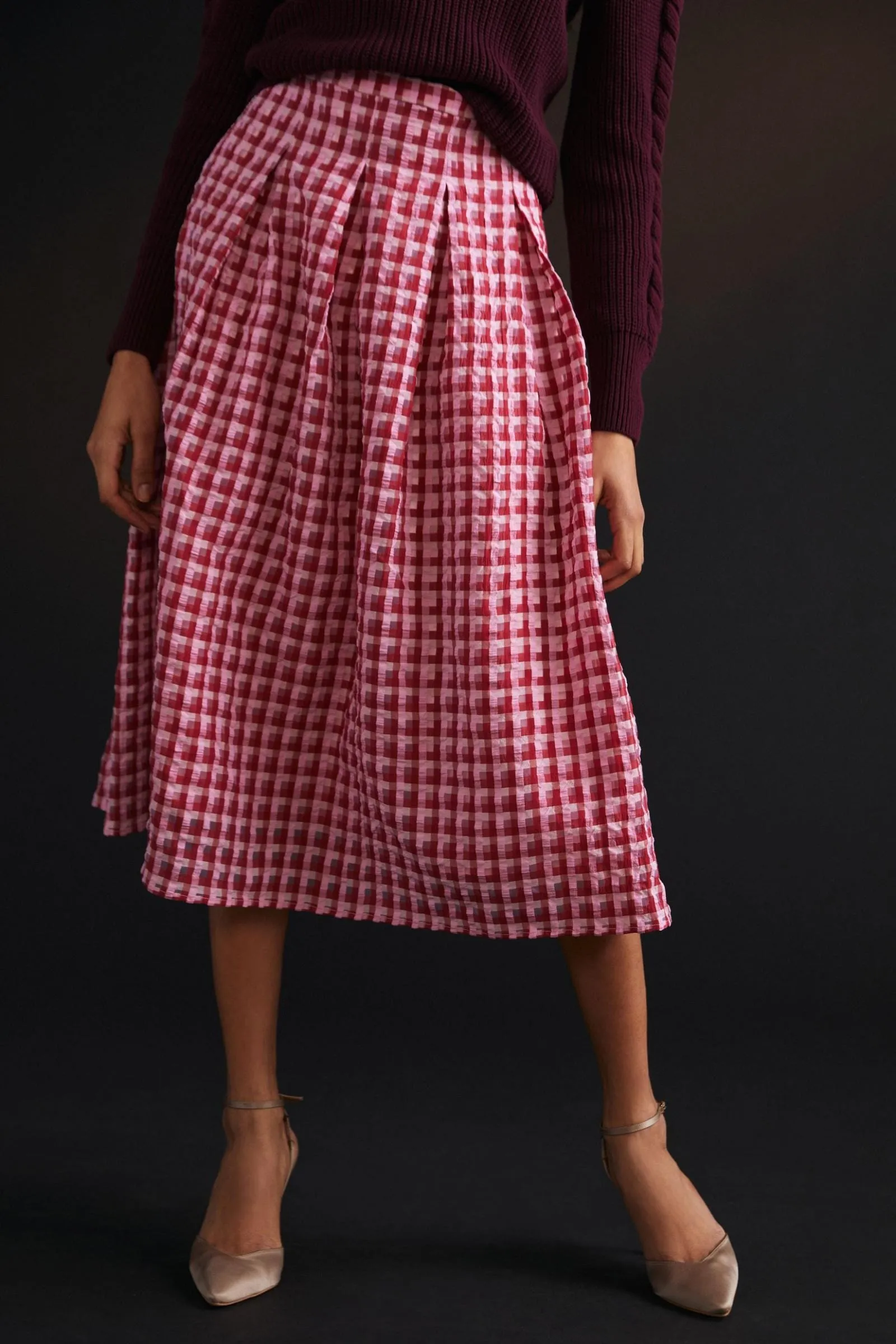 smooth zipper Textured Plaid Midi Skirt