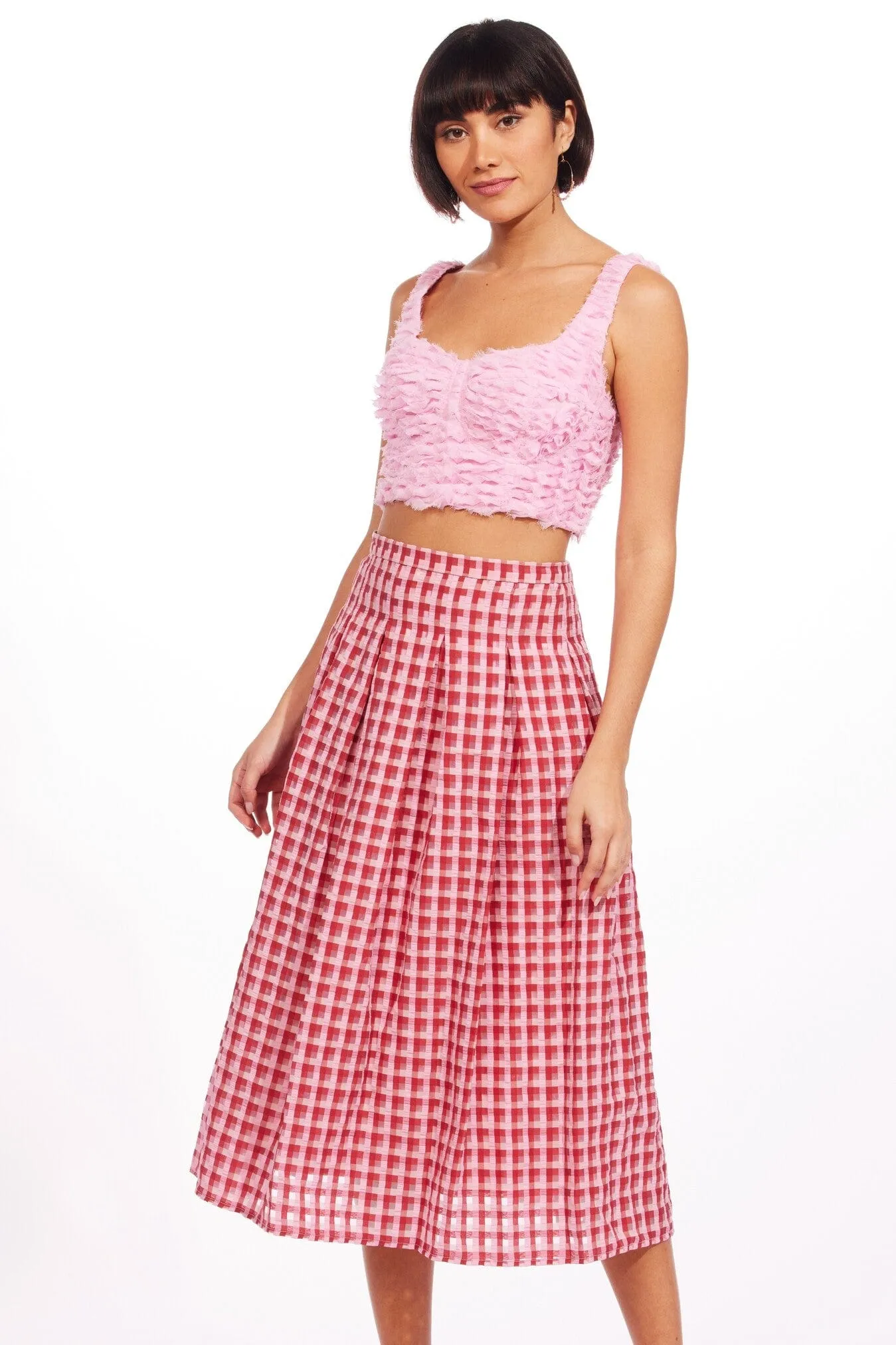 Textured Plaid Midi Skirt Light Outfit