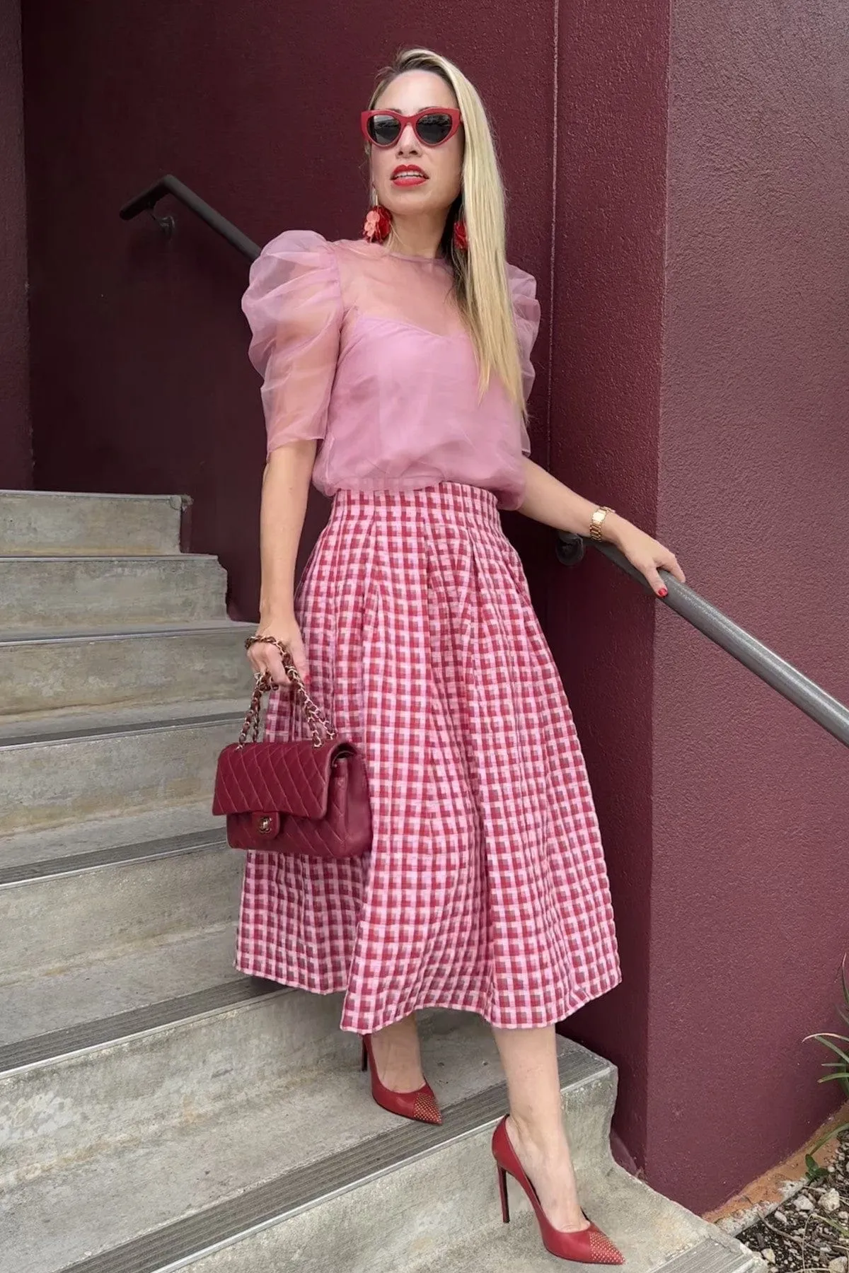 Mid Length Textured Plaid Midi Skirt