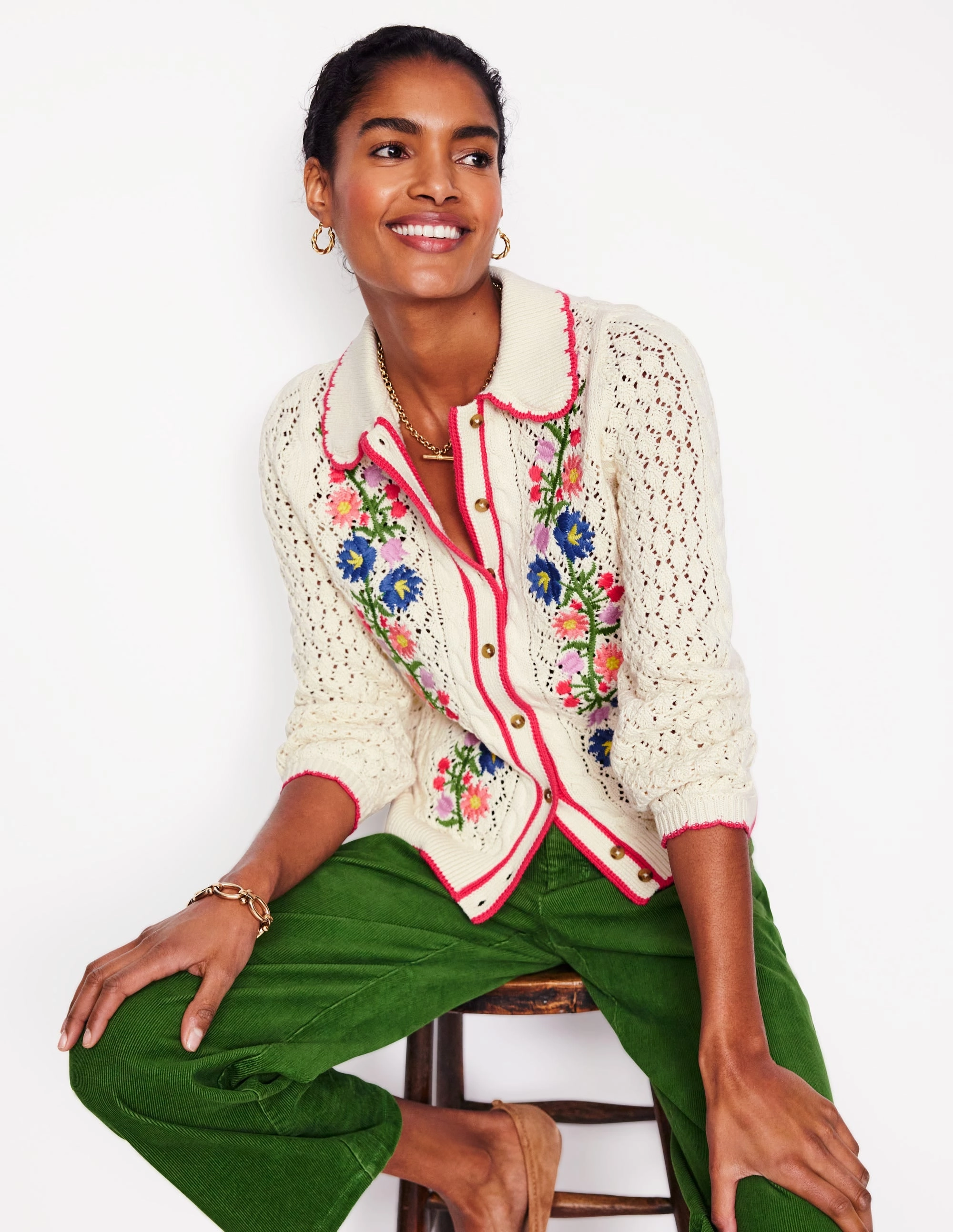 Embroidered Cotton Cardigan-Warm Ivory Soft Palette