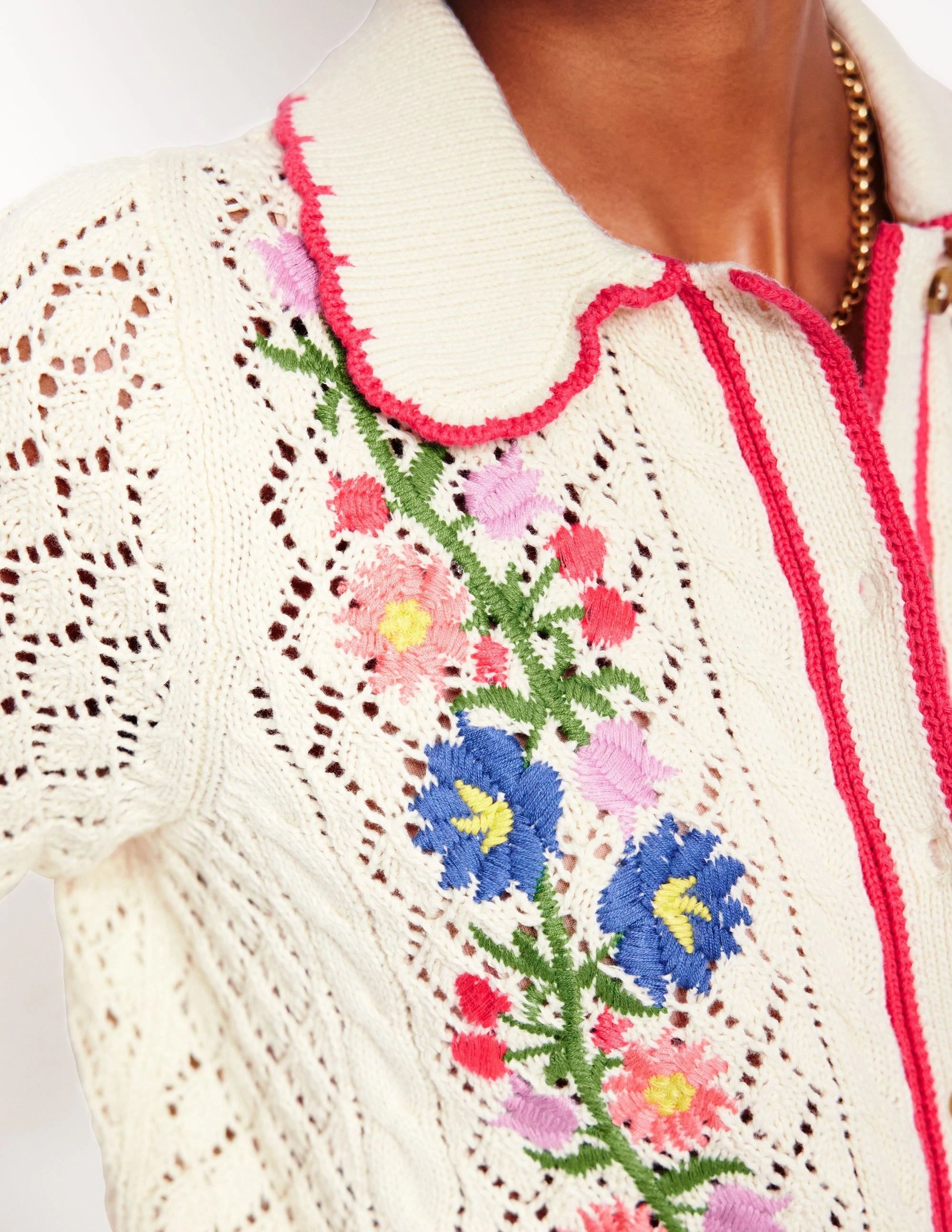 Embroidered Cotton Cardigan-Warm Ivory Cozy Classic