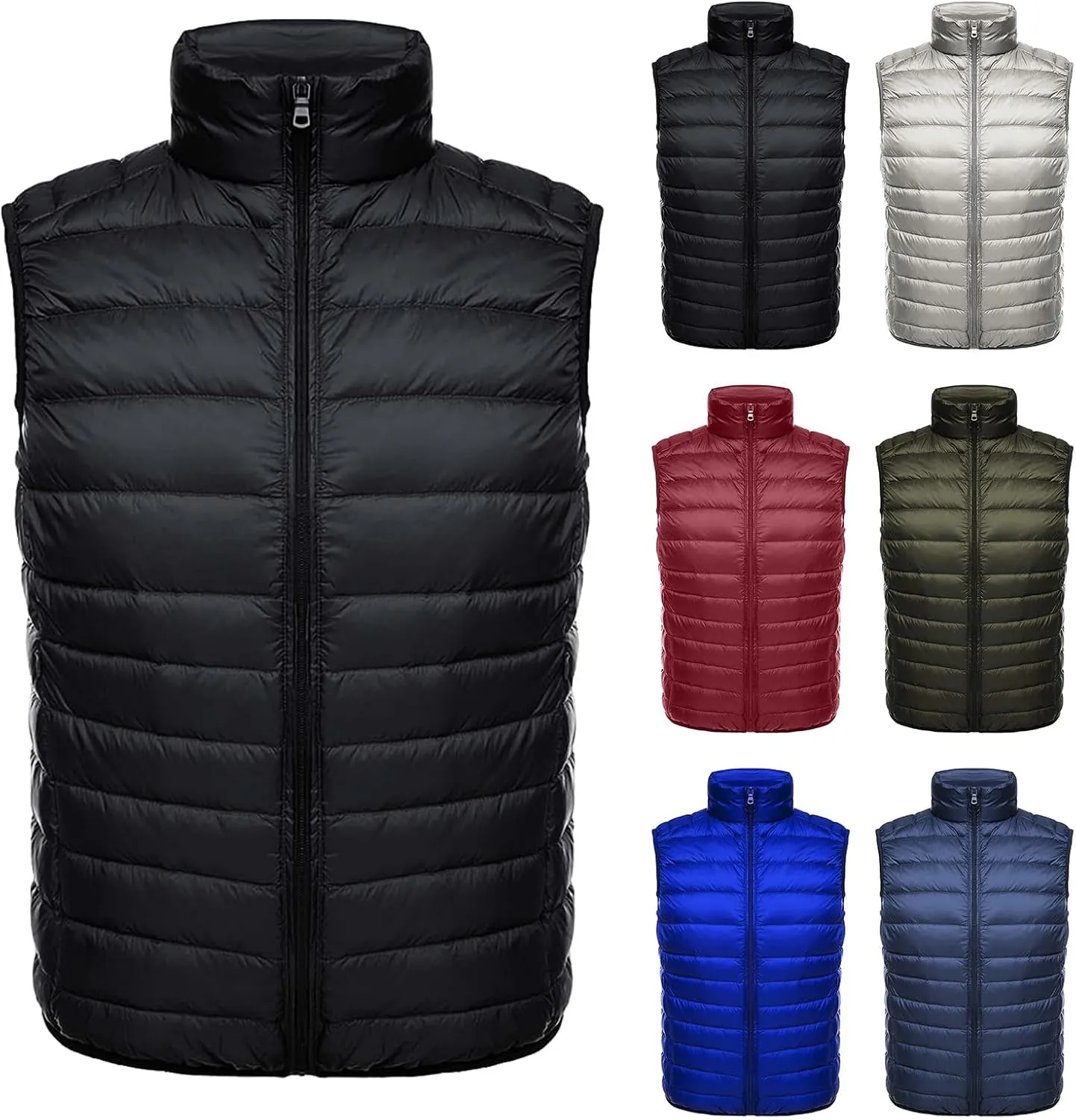 Thatrich Mens Lightweight Puffer Vest Packable Down Vests Quilted Sleeveless Jacket Full Zip Stand Collar Warm Winter Outwear