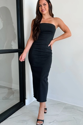 The Total Package Strapless Denim Midi Dress (Black) Tasteful Detail