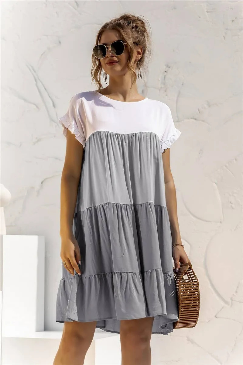 COLOR BLOCKING SHORT SLEEVED LOOSE FITTING DRESS_CWDSD2466 Everyday Ready Calm Drape
