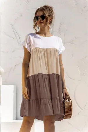 High-Low-Hem Daily Mood COLOR BLOCKING SHORT SLEEVED LOOSE FITTING DRESS_CWDSD2466