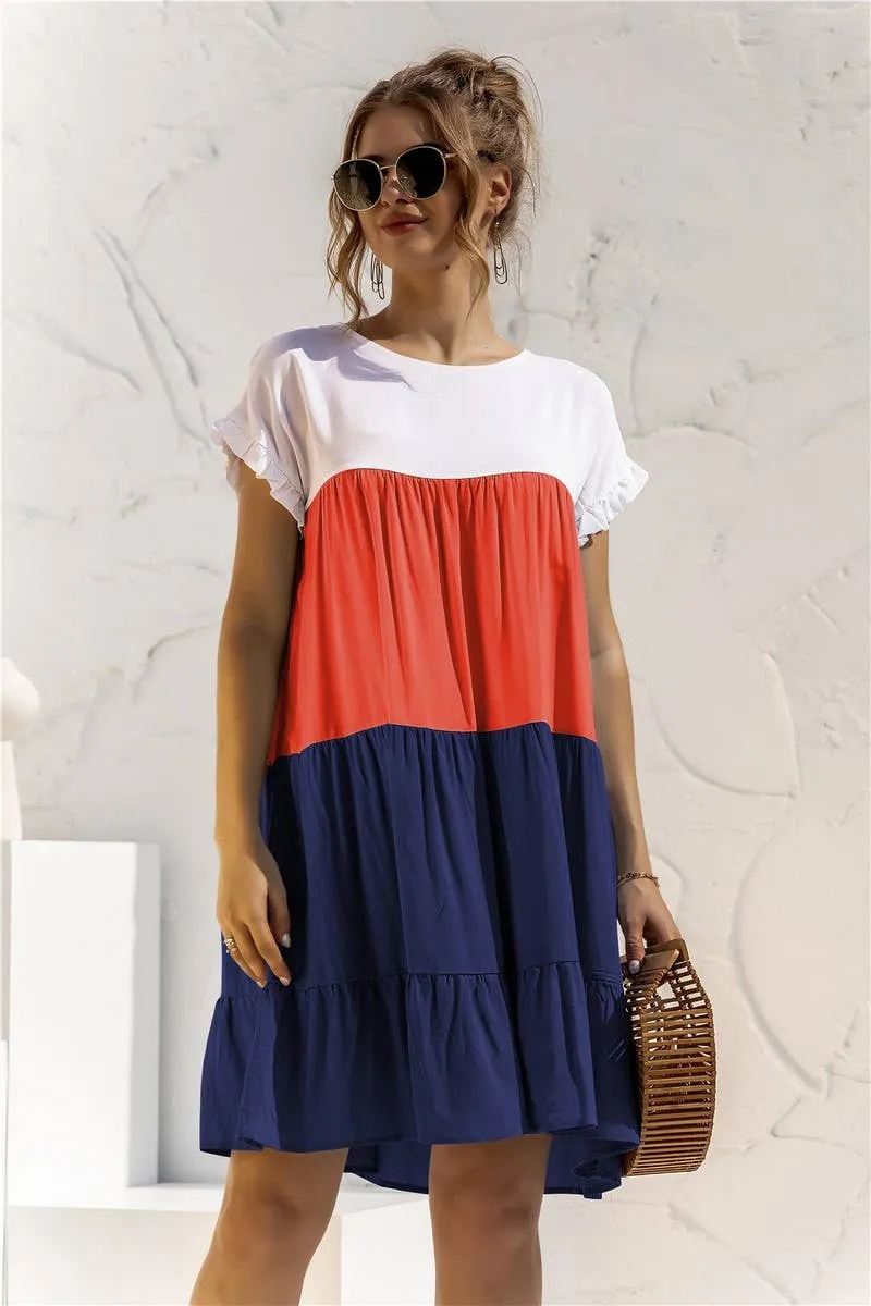 Red-Carpet Easy Movement COLOR BLOCKING SHORT SLEEVED LOOSE FITTING DRESS_CWDSD2466