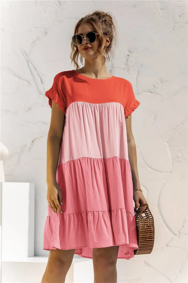 COLOR BLOCKING SHORT SLEEVED LOOSE FITTING DRESS_CWDSD2466 Soft Texture