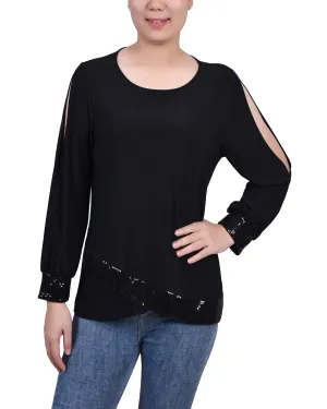OdorControl Technology ThermalRegulating Fabric Long Sleeve Knit Top With Sequin Trim