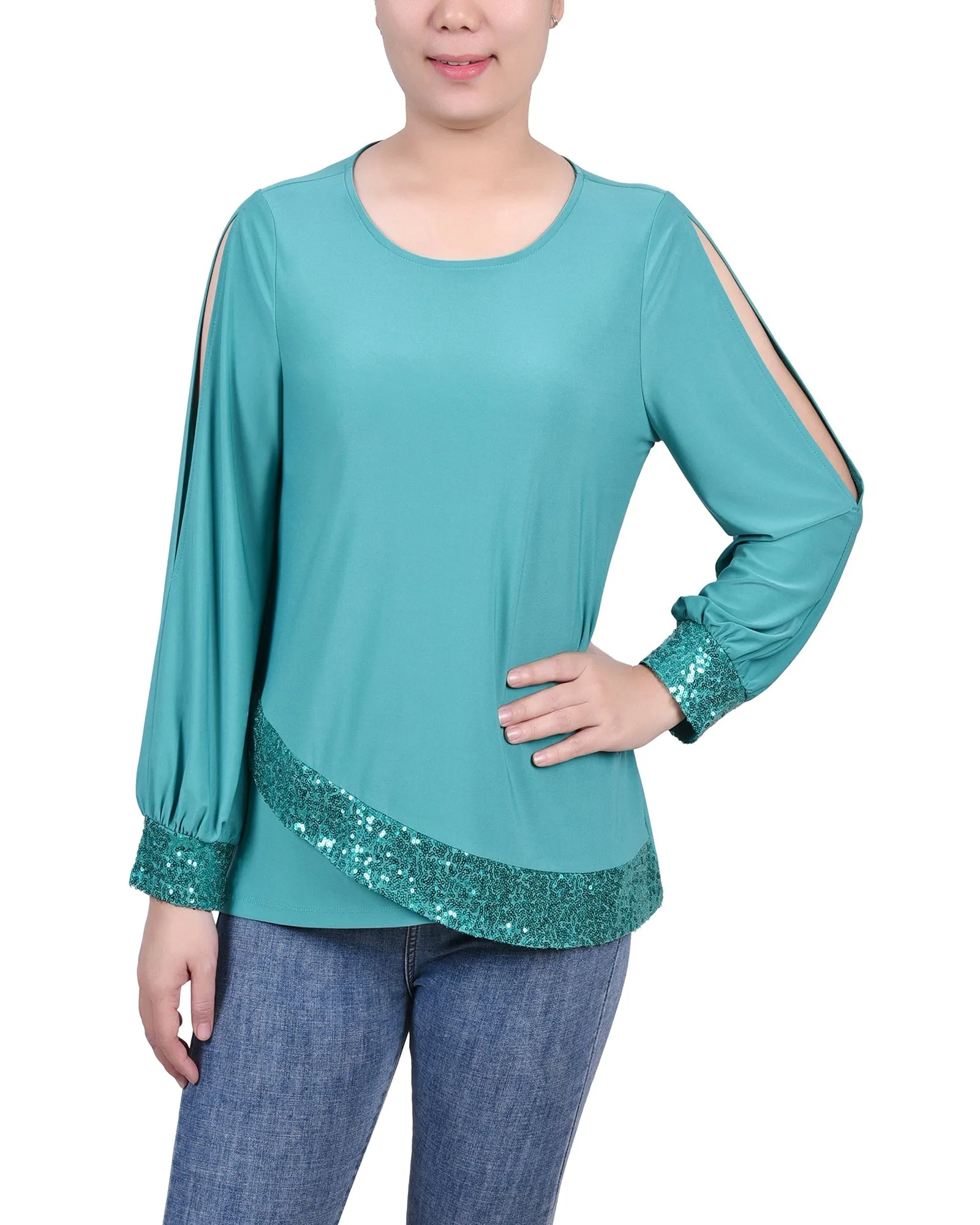 Eco Friendly Material Long Sleeve Knit Top With Sequin Trim