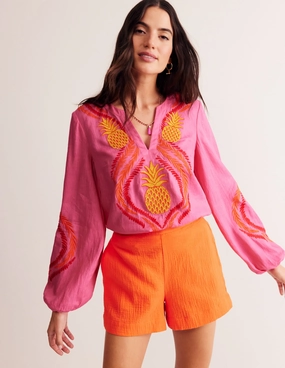Bonnie Linen Top-Sangria Sunset, Pineapple Flexible Knit Blend Odor Resistant Technology