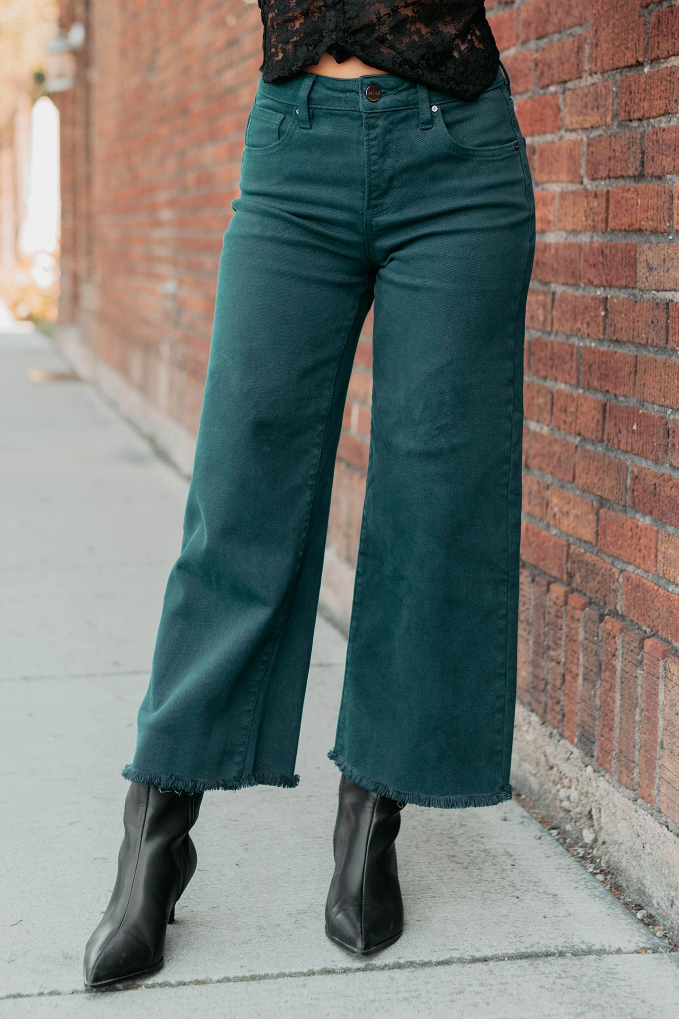 Walter High Rise Wide Crop Risen Jeans (Hunter Green) Moisture Management Fabric BondedHemline