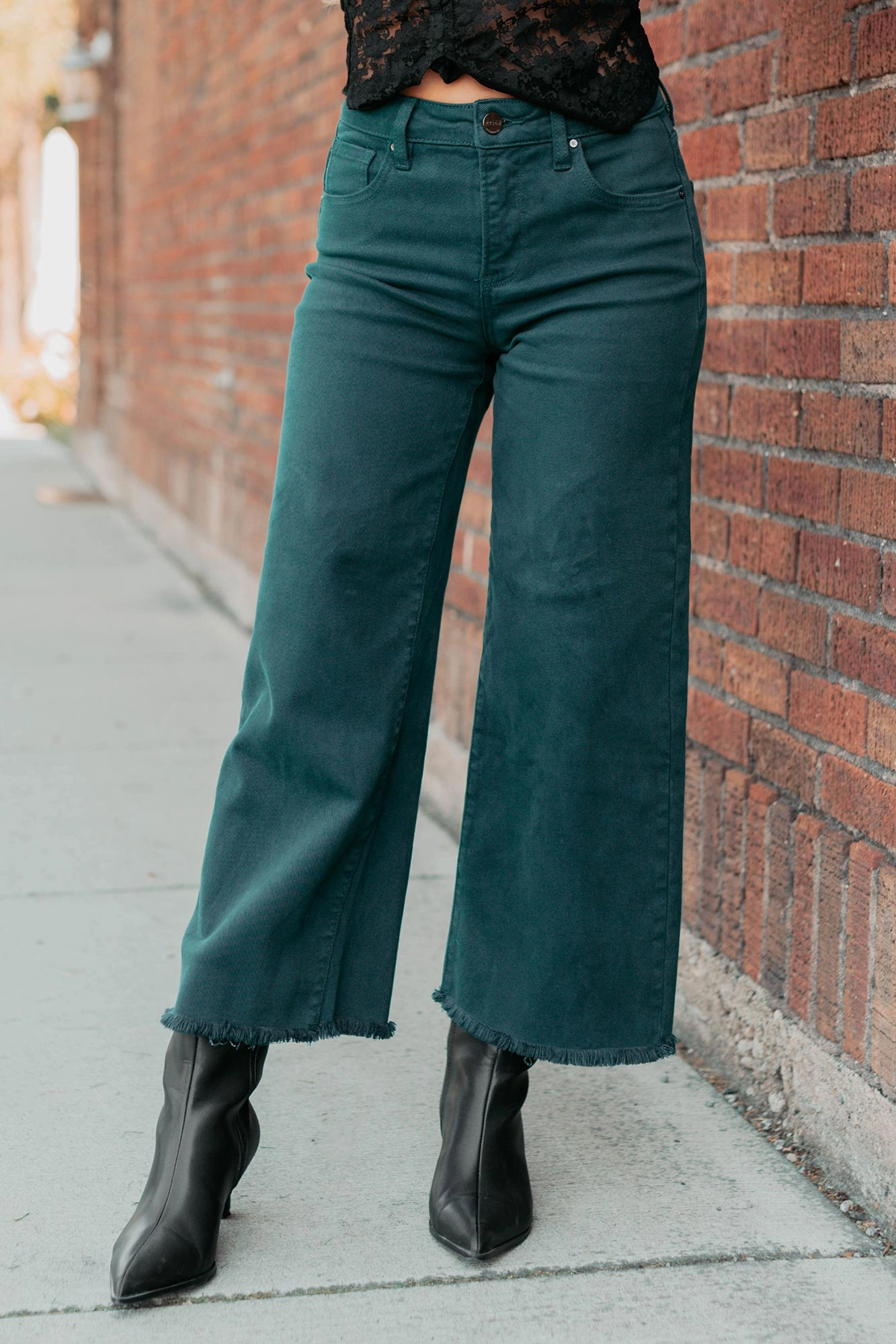 Walter High Rise Wide Crop Risen Jeans (Hunter Green) Subtle Texture Weave Circular Knit Technology